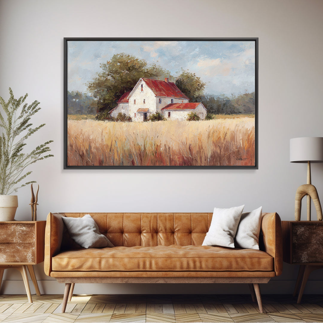 White Farmhouse Surrounded by Tall Grass Canvas Print, Country Art, Digital Print, Farmhouse Decor, Fine Art, Country, COU-3x2-38