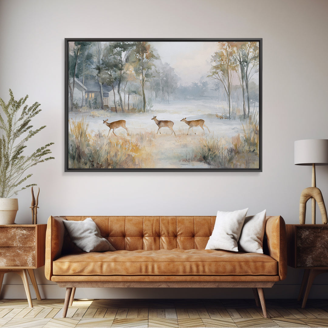 Deer Crossing a Misty Morning Field Framed Canvas Print, Country Art, Wall Decor, Farmhouse Decor, Fine Art, Country, COU-3x2-39