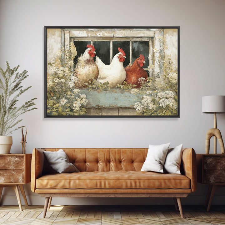 Chickens Pecking Near Garden Flowers Canvas Print, Country Art, Printable Art, Farmhouse Decor, Watercolor Art, Country, COU-3x2-42