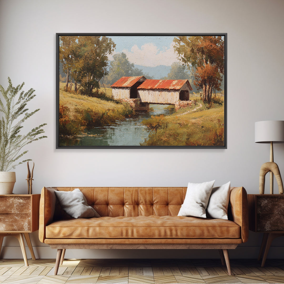 Covered Bridge over a Quiet Creek Canvas Print, Country Art, Landscape Wall Art, Farmhouse Decor, Abstract Art, Country, COU-3x2-43