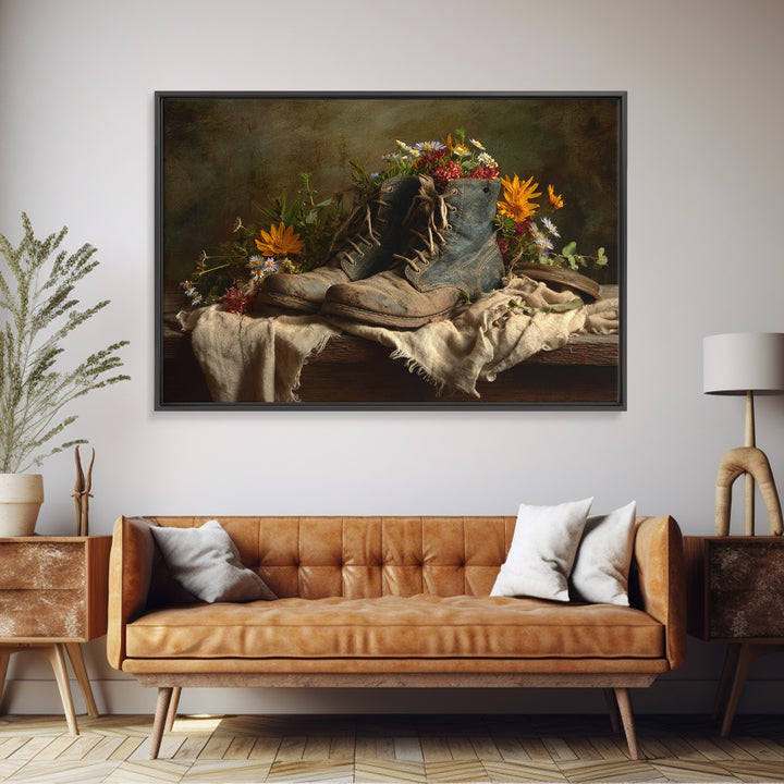 Weathered Boots with Wildflowers Tucked Inside Canvas Print, Country Art, Farmhouse Wall Decor, Farmhouse Decor, Country, COU-3x2-44