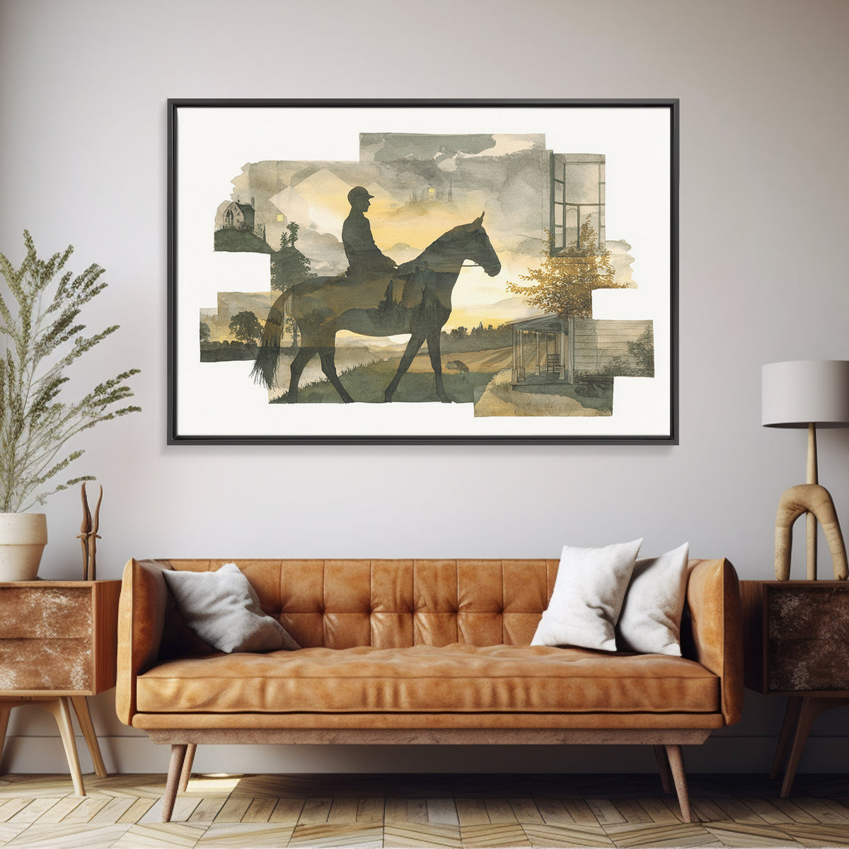 Horse and Rider Silhouette at Dusk Framed Canvas Print, Country Art, Landscape Painting, Farmhouse Decor, Fine Art, Country, COU-3x2-45