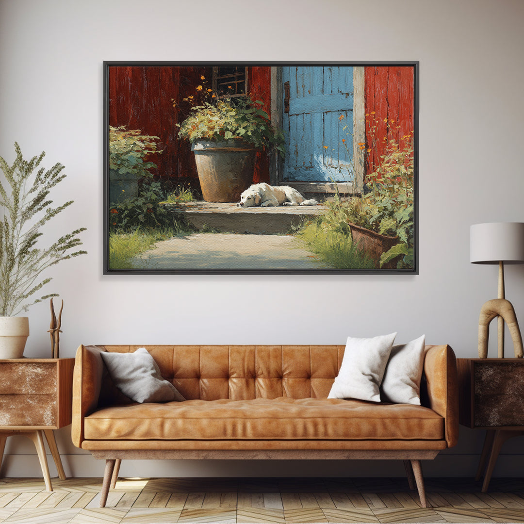 Dog Resting Beside a Porch Flower Pot Framed Canvas Print, Country Art, Farmhouse Decor, Fine Art, Country, Gallery Wall Art, COU-3x2-50
