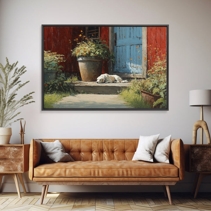 Dog Resting Beside a Porch Flower Pot Framed Canvas Print, Country Art, Farmhouse Decor, Fine Art, Country, Gallery Wall Art, COU-3x2-50