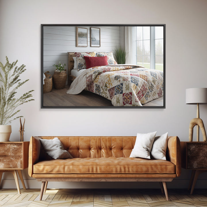 Quilt Geometric Folk Pattern Framed Canvas Print, Country Art, Gallery Decor, Farmhouse Decor, Fine Art, Country, COU-3x2-64