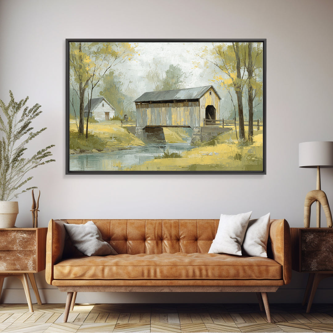 Covered Bridge over a Quiet Creek Canvas Print, Country Art, Textured Painting, Farmhouse Decor, Watercolor Art, Country, COU-3x2-67