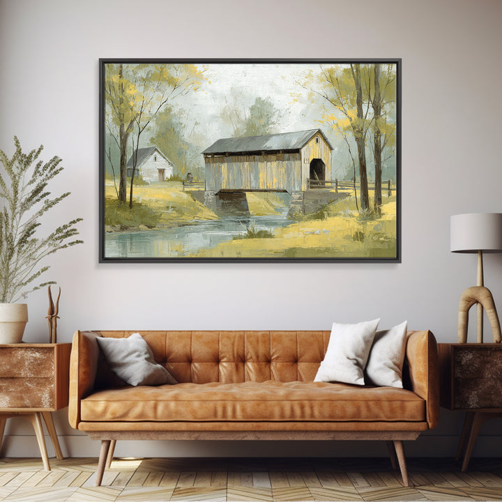 Covered Bridge over a Quiet Creek Canvas Print, Country Art, Textured Painting, Farmhouse Decor, Watercolor Art, Country, COU-3x2-67
