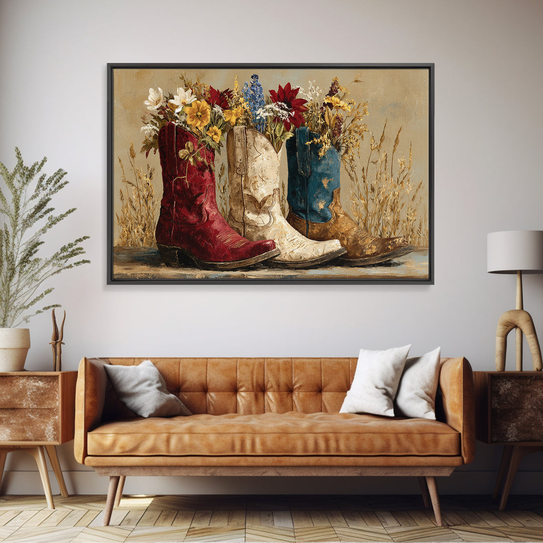 Weathered Boots with Wildflowers Tucked Inside Canvas Print, Country Art, Wall Decor, Farmhouse Decor, Oil Painting, Country, COU-3x2-68