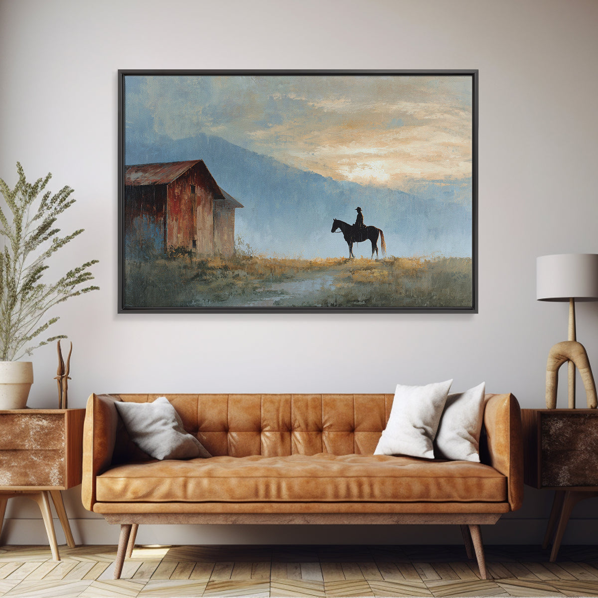 Horse and Rider Silhouette at Dusk Framed Canvas Print, Country Art, Landscape Painting, Farmhouse Decor, Fine Art, Country, COU-3x2-69