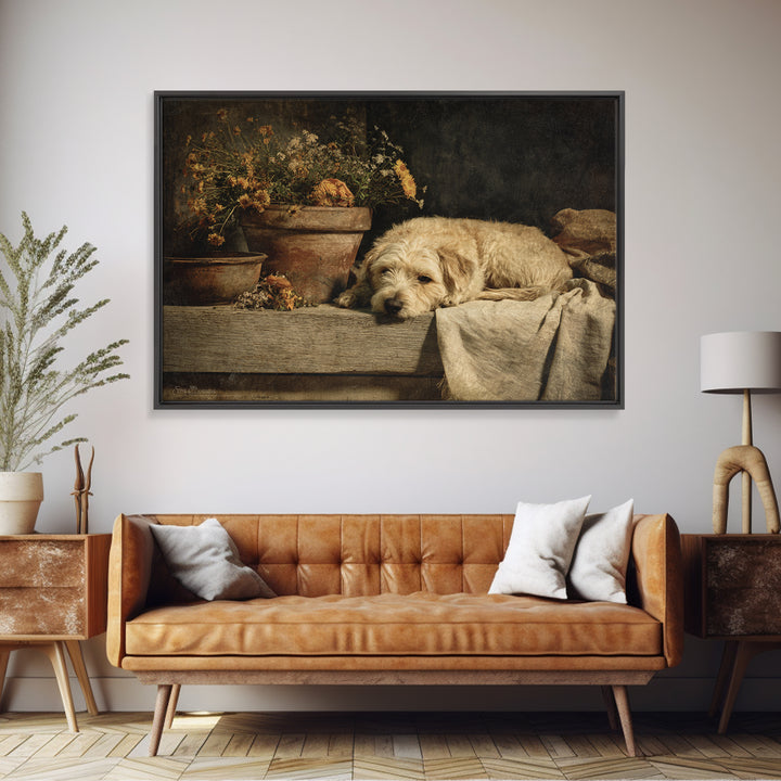Dog Resting Beside a Porch Flower Pot Framed Canvas Print, Country Art, Farmhouse Decor, Fine Art, Country, Gallery Wall Art, COU-3x2-74