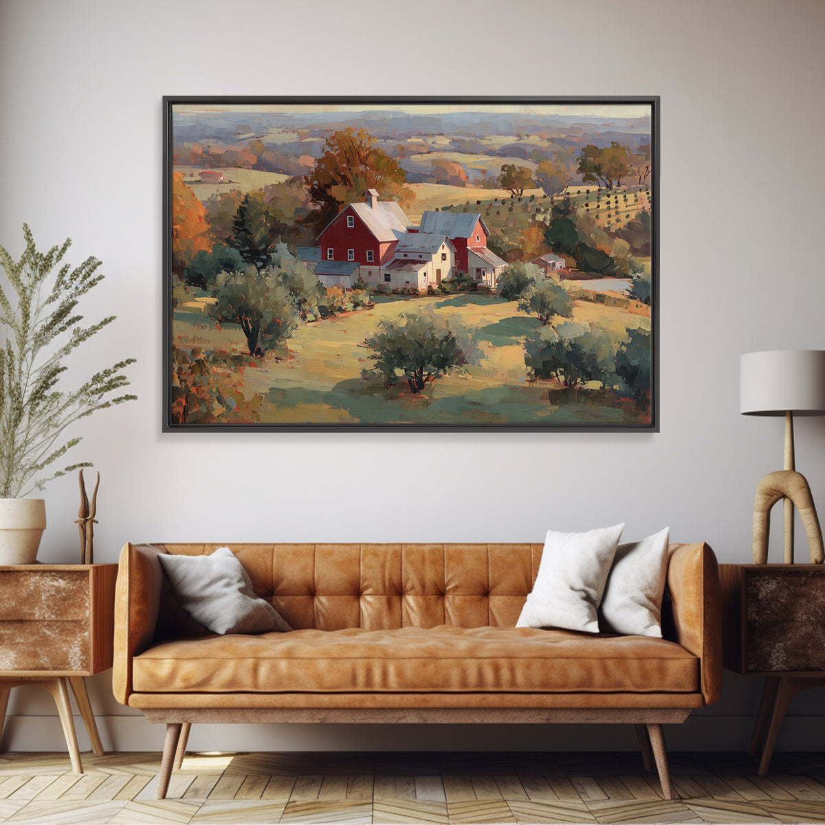 Apple Orchard with Warm Autumn Light Framed Canvas Print, Country Art, Landscape Painting, Farmhouse Decor, Oil Painting, COU-3x2-82
