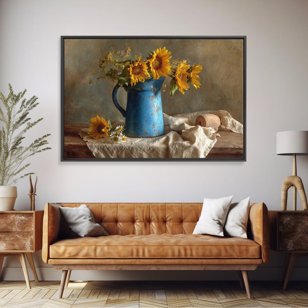 Sunflowers in a Blue Enamel Pitcher Canvas Print, Country Art, Statement Artwork, Farmhouse Decor, Fine Art, Country, COU-3x2-84