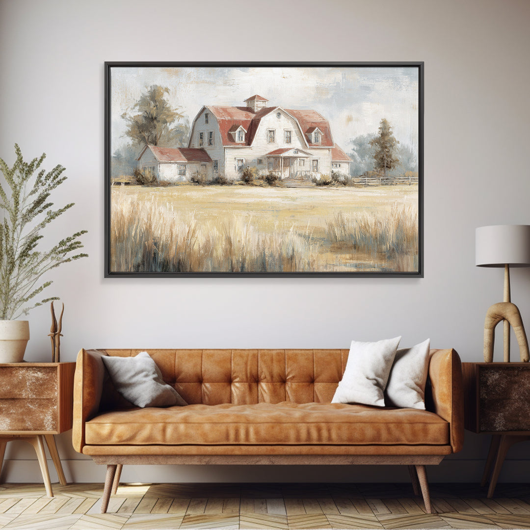 White Farmhouse Surrounded by Tall Grass Framed Canvas Print, Country Art, Watercolor Painting, Farmhouse Decor, Country, COU-3x2-86