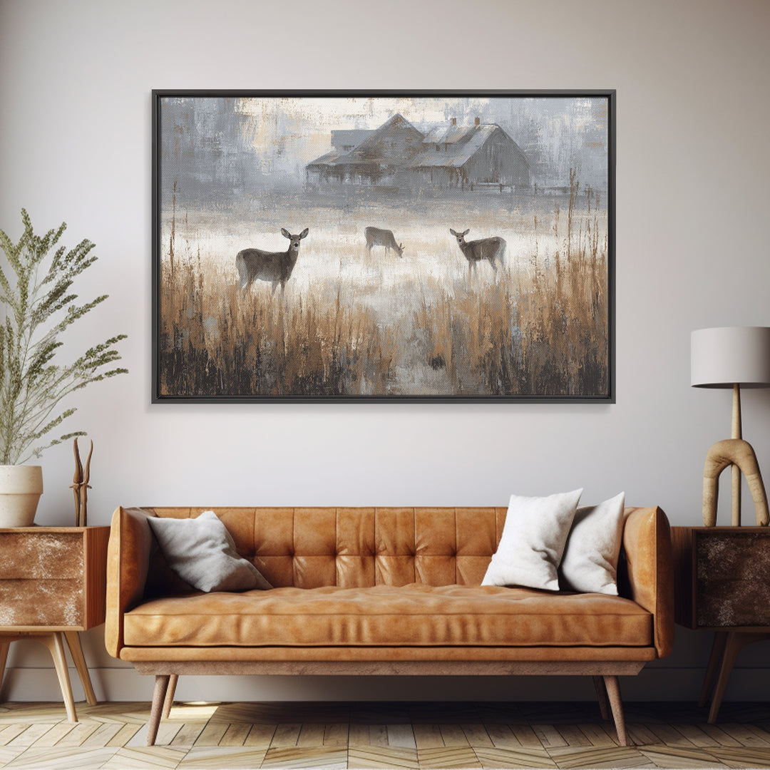 Deer Crossing a Misty Morning Field Framed Canvas Print, Country Art, Modern Decor, Farmhouse Decor, Fine Art, Country, COU-3x2-87