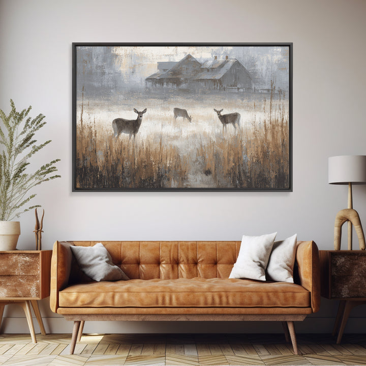Deer Crossing a Misty Morning Field Framed Canvas Print, Country Art, Modern Decor, Farmhouse Decor, Fine Art, Country, COU-3x2-87