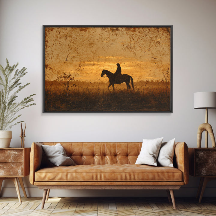 Horse and Rider Silhouette at Dusk Canvas Print, Country Art, Landscape Wall Art, Farmhouse Decor, Fine Art, Country, COU-3x2-93