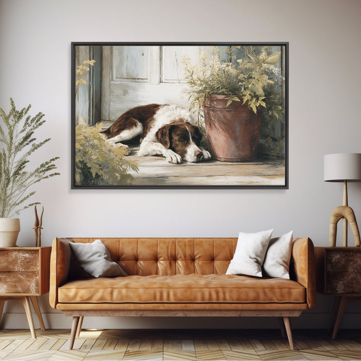 Dog Resting Beside a Porch Flower Pot Canvas Print, Country Art, Digital Art Prints, Farmhouse Decor, Oil Painting, Country, COU-3x2-98