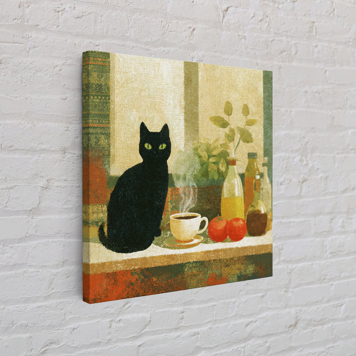 Black Cat Beside a Steaming Cup Canvas Print, Coffee Shop Art, Moody Wall Art, Cafe Decor, Fine Art, Cafe, Luxury Decor, CSA-1x1-14