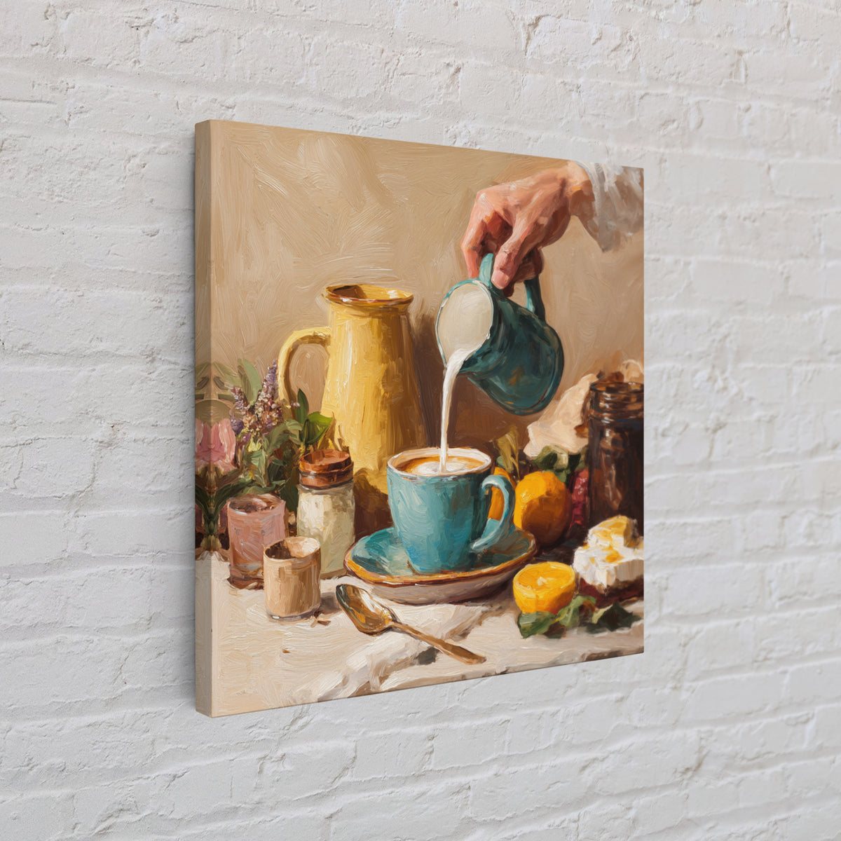 Barista Hands Pouring Milk into Espresso Framed Canvas Print, Coffee Shop Art, Neutral Decor, Cafe Decor, Fine Art, Cafe, CSA-1x1-21