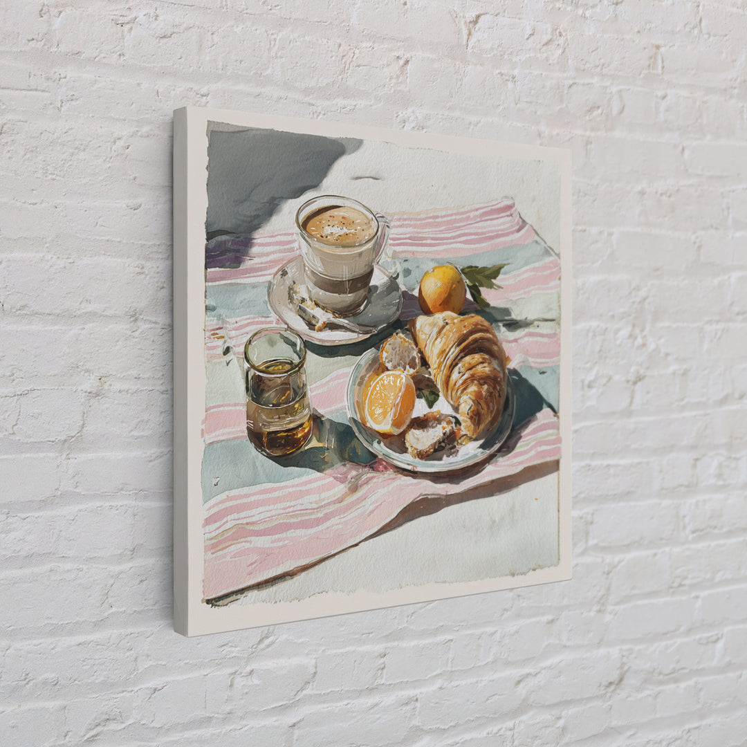 Croissant and Cappuccino on Striped Cloth Framed Canvas Print, Coffee Shop Art, Textured Painting, Cafe Decor, Fine Art, Cafe, CSA-1x1-29