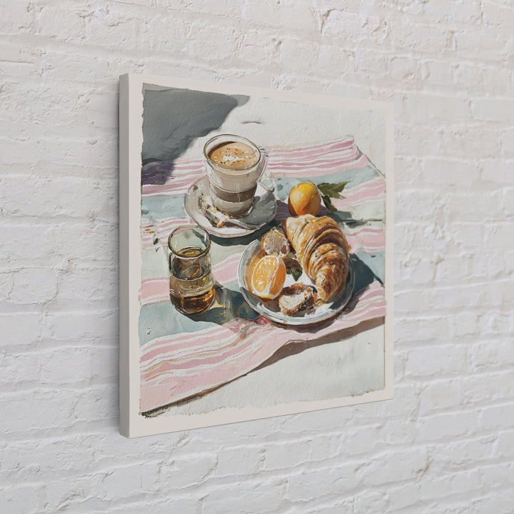 Croissant and Cappuccino on Striped Cloth Framed Canvas Print, Coffee Shop Art, Textured Painting, Cafe Decor, Fine Art, Cafe, CSA-1x1-29