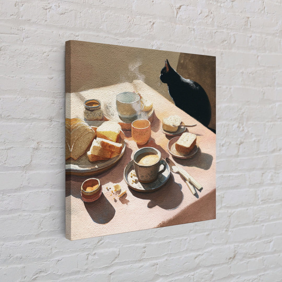 Black Cat Beside a Steaming Cup Framed Canvas Print, Coffee Shop Art, Gallery Decor, Cafe Decor, Fine Art, Cafe, Wall Art, CSA-1x1-38