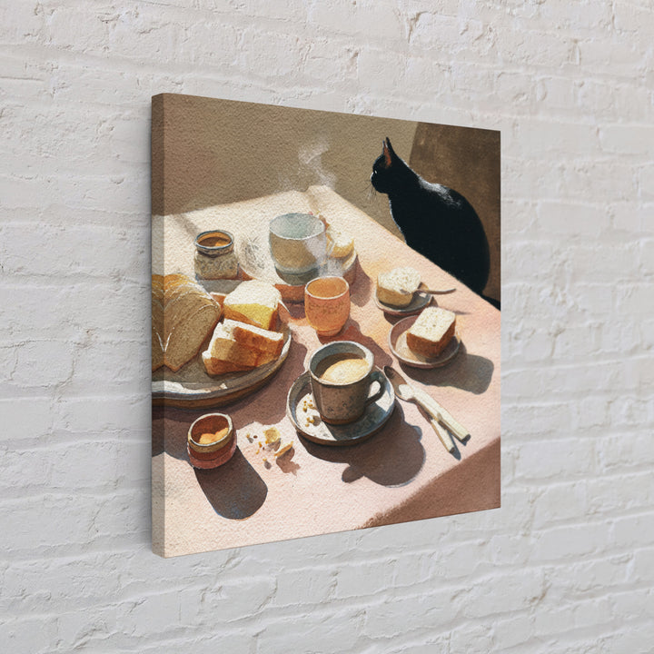 Black Cat Beside a Steaming Cup Framed Canvas Print, Coffee Shop Art, Gallery Decor, Cafe Decor, Fine Art, Cafe, Wall Art, CSA-1x1-38