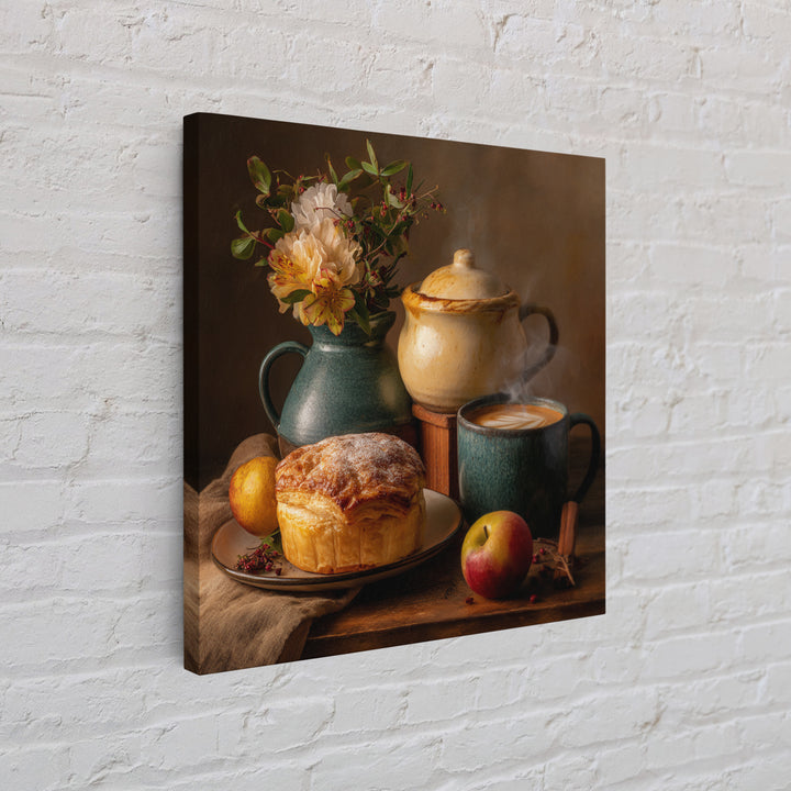 Sunlit Pastry and Coffee Arrangement Framed Canvas Print, Coffee Shop Art, Kitchen Wall Decor, Cafe Decor, Oil Painting, Cafe, CSA-1x1-43