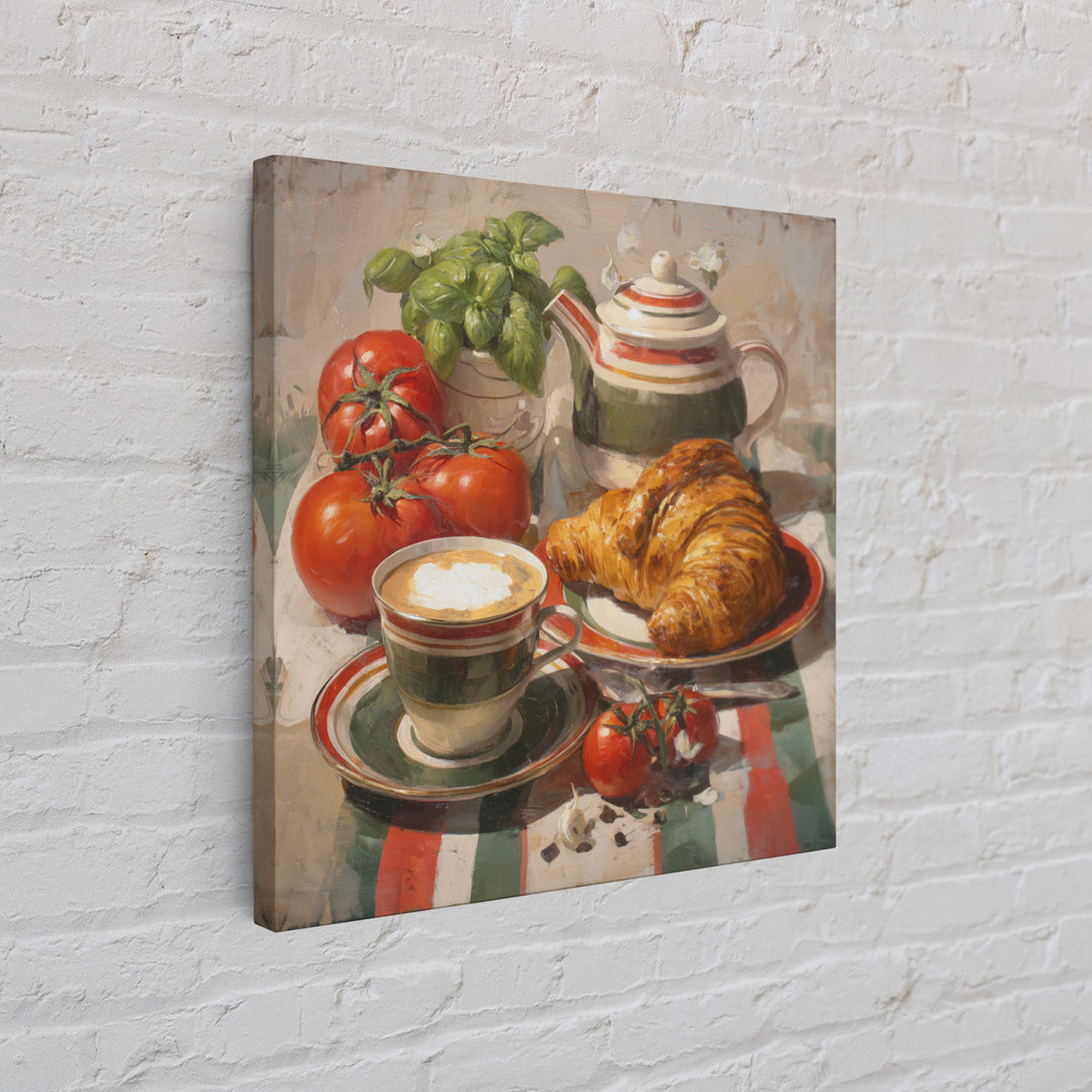 Croissant and Cappuccino on Striped Cloth Canvas Print, Coffee Shop Art, Fine Art Print, Cafe Decor, Fine Art, Cafe, Printable, CSA-1x1-5