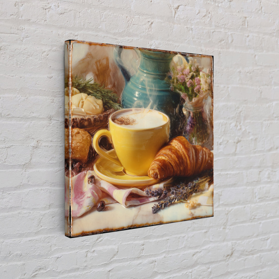 Croissant and Cappuccino on Striped Cloth Framed Canvas Print, Coffee Shop Art, Textured Painting, Cafe Decor, Fine Art, Cafe, CSA-1x1-53
