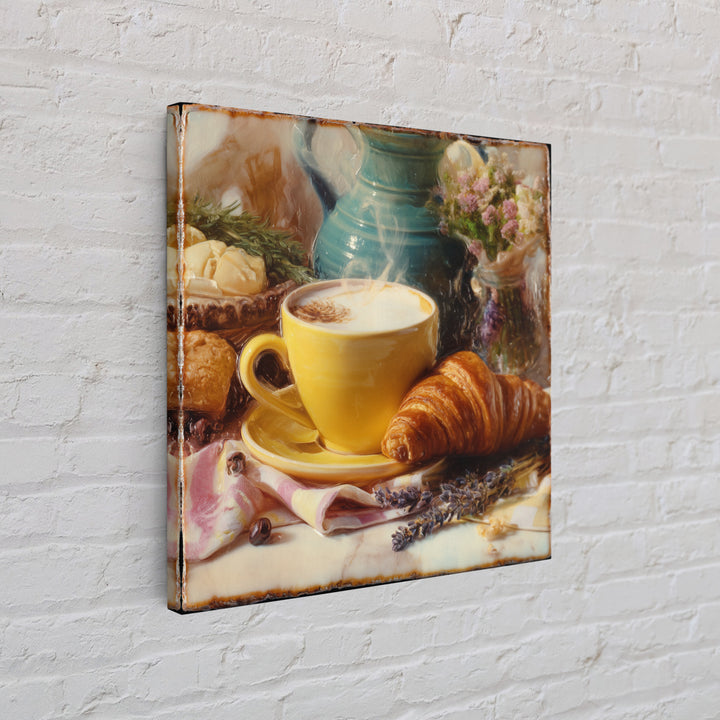 Croissant and Cappuccino on Striped Cloth Framed Canvas Print, Coffee Shop Art, Textured Painting, Cafe Decor, Fine Art, Cafe, CSA-1x1-53