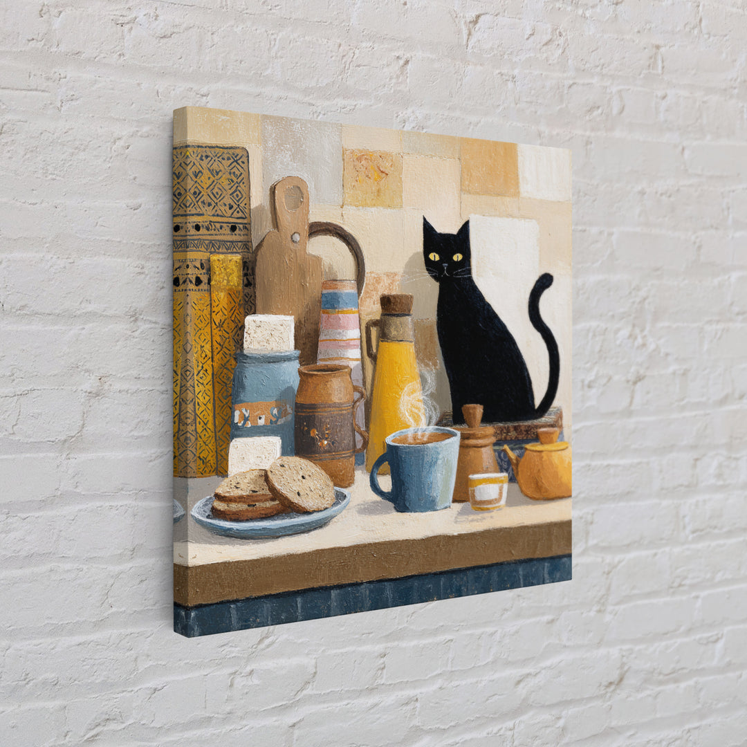 Black Cat Beside a Steaming Cup Framed Canvas Print, Coffee Shop Art, Gallery Decor, Cafe Decor, Fine Art, Cafe, Wall Art, CSA-1x1-62