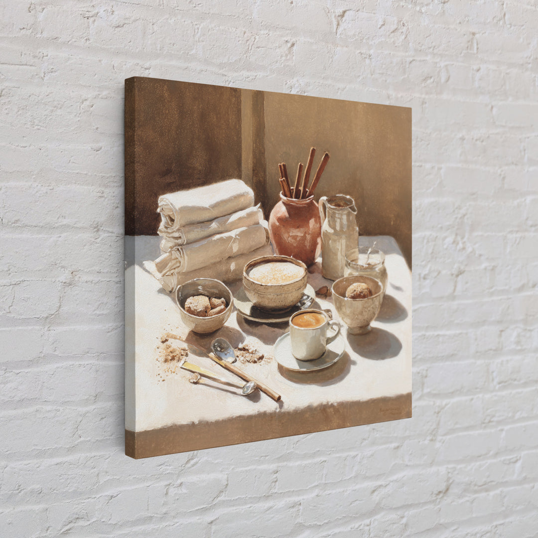Cinnamon Sticks and Cappuccino Foam Still Life Framed Canvas Print, Coffee Shop Art, Minimalist Wall Art, Cafe Decor, CSA-1x1-72