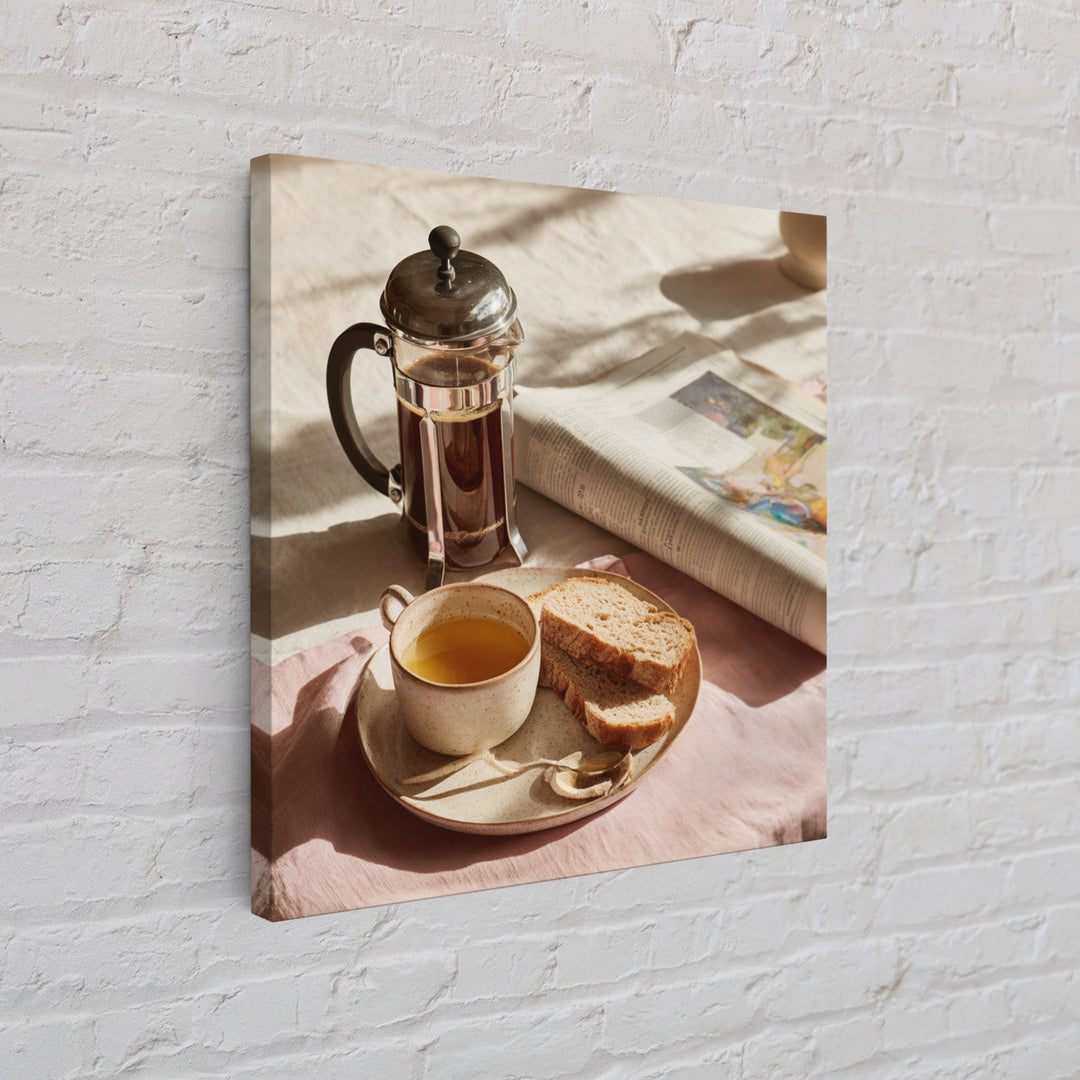 French Press and Morning Newspaper Without Readable Canvas Print, Coffee Shop Art, Boho Decor, Cafe Decor, Oil Painting, Cafe, CSA-1x1-82