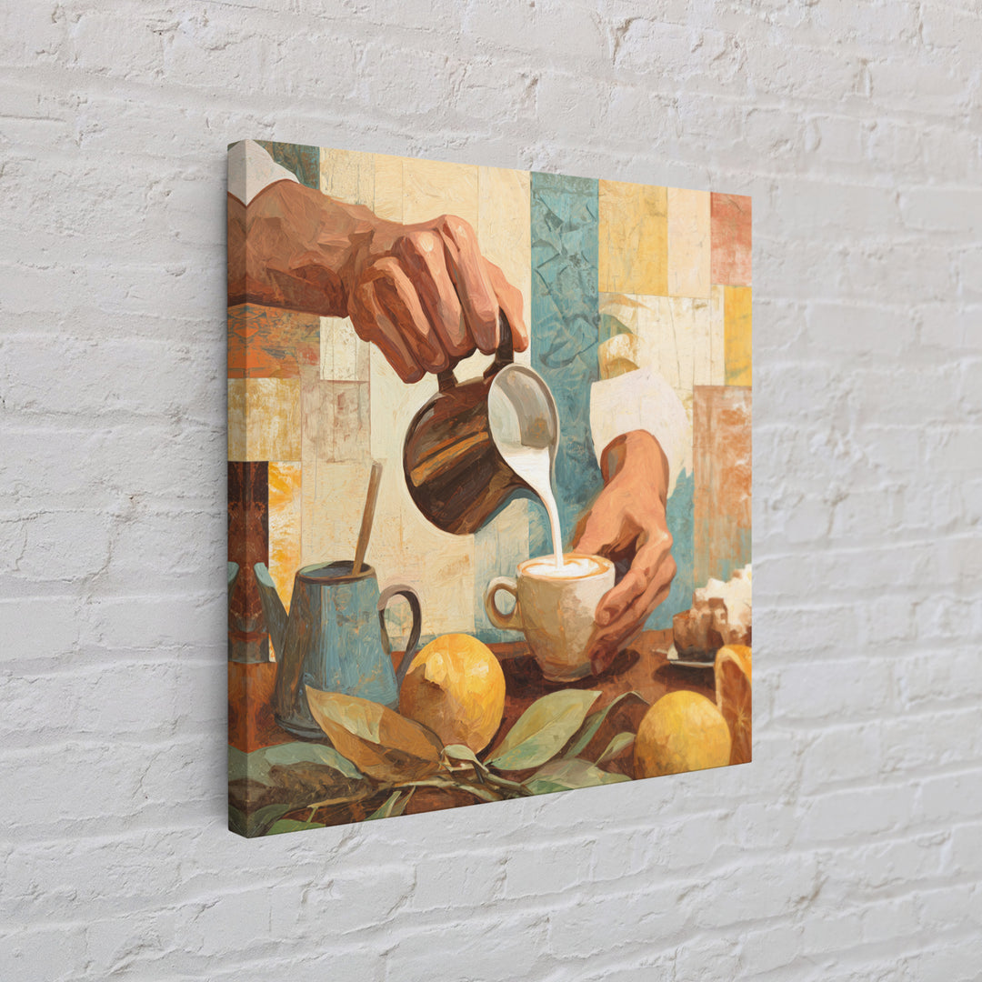 Barista Hands Pouring Milk into Espresso Framed Canvas Print, Coffee Shop Art, Wall Art, Cafe Decor, Oil Painting, Cafe, CSA-1x1-93