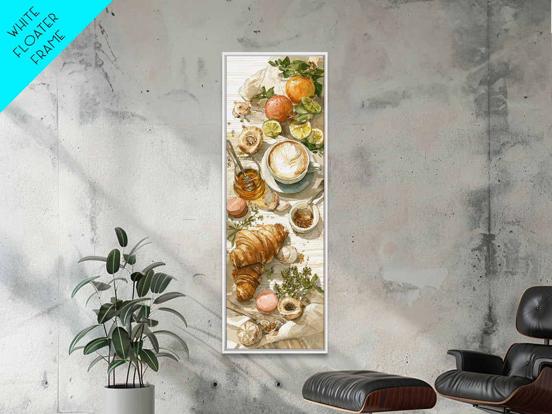 Croissant and Cappuccino on Striped Cloth Canvas Print, Coffee Shop Art, Wall Decor, Cafe Decor, Fine Art, Cafe, Kitchen Gift, CSA-1x3-17