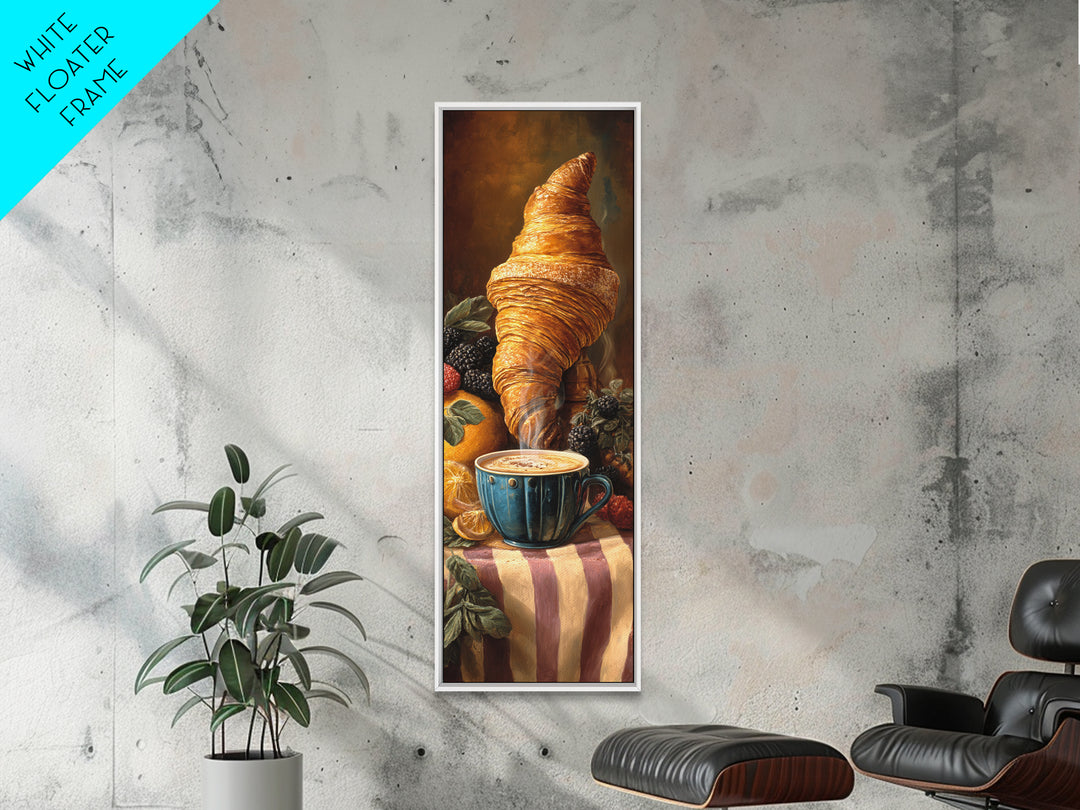 Croissant and Cappuccino on Striped Cloth Canvas Print, Coffee Shop Art, Moody Wall Art, Cafe Decor, Cafe, Luxury Decor, CSA-1x3-41