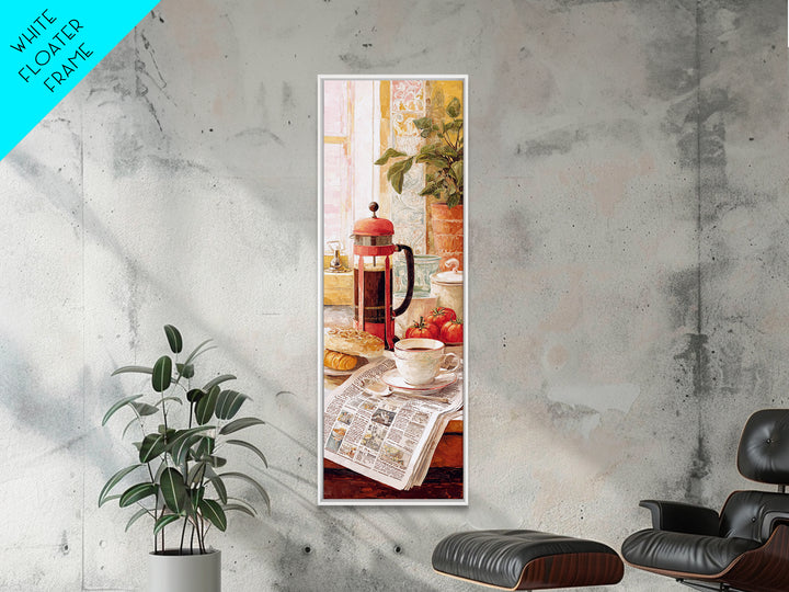 French Press and Morning Newspaper Without Readable Framed Canvas Print, Coffee Shop Art, Modern Decor, Cafe Decor, Cafe, CSA-1x3-46