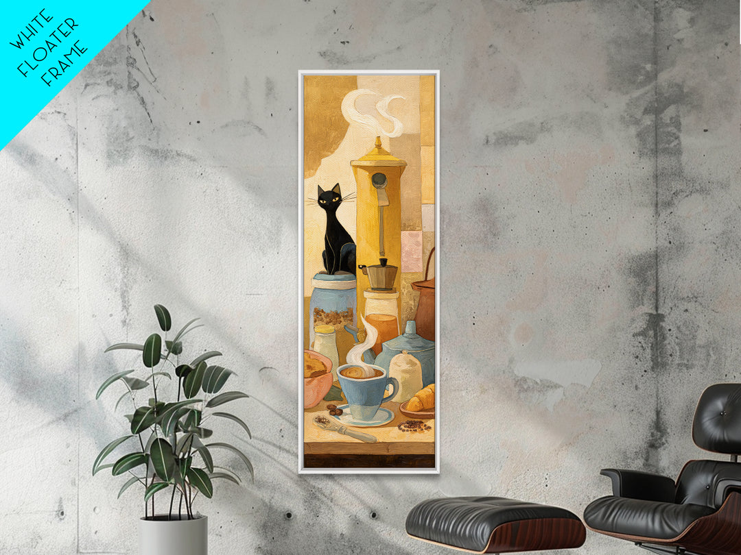 Black Cat Beside a Steaming Cup Framed Canvas Print, Coffee Shop Art, Fine Art Print, Cafe Decor, Fine Art, Cafe, Printable, CSA-1x3-50