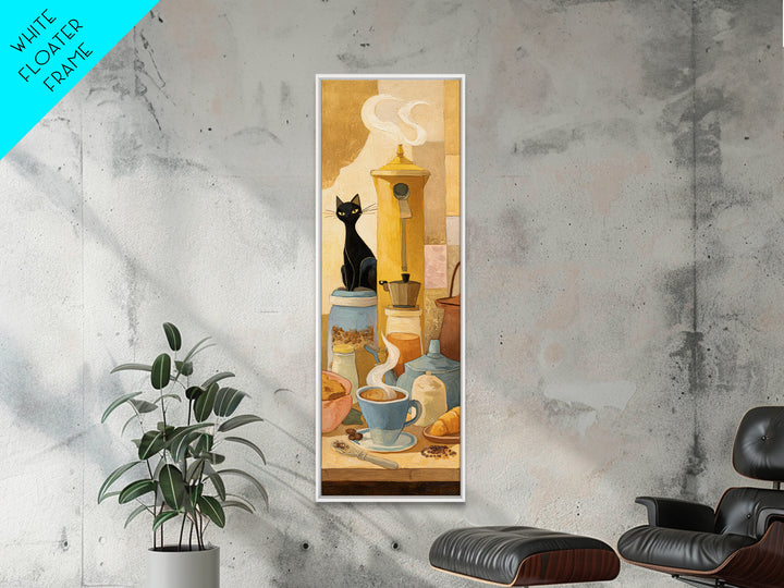 Black Cat Beside a Steaming Cup Framed Canvas Print, Coffee Shop Art, Fine Art Print, Cafe Decor, Fine Art, Cafe, Printable, CSA-1x3-50