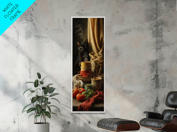 Black Cat Beside a Steaming Cup Framed Canvas Print, Coffee Shop Art, Fine Art Print, Cafe Decor, Fine Art, Cafe, Printable, CSA-1x3-74