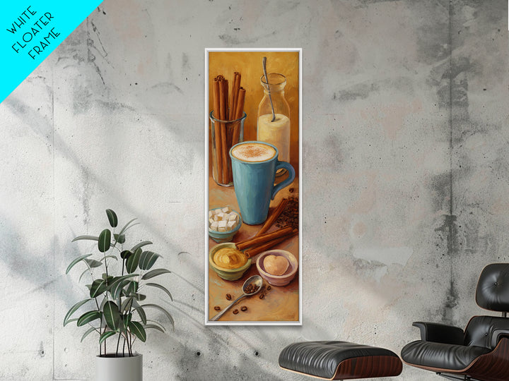Cinnamon Sticks and Cappuccino Foam Still Life Framed Canvas Print, Coffee Shop Art, Dopamine Decor, Cafe Decor, Fine Art, Cafe, CSA-1x3-84