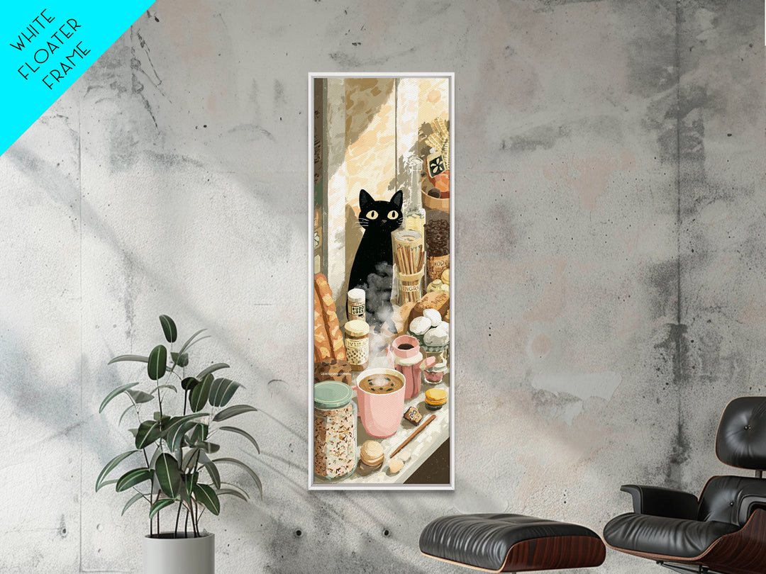 Black Cat Beside a Steaming Cup Canvas Print, Coffee Shop Art, Textured Painting, Cafe Decor, Fine Art, Cafe, Kitchen Decor, CSA-1x3-98