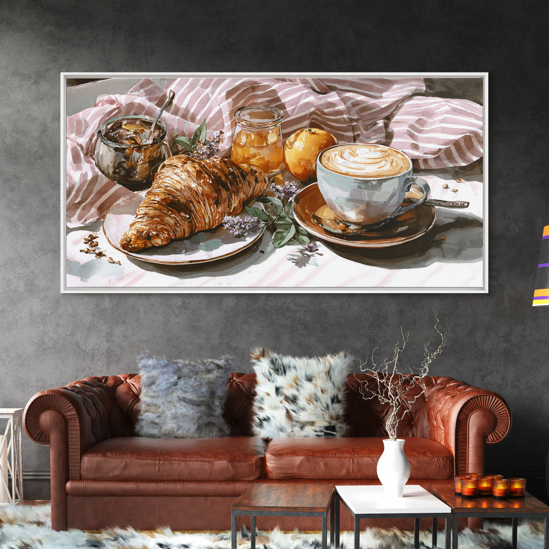 Croissant and Cappuccino on Striped Cloth Framed Canvas Print, Coffee Shop Art, Canvas Wall Art, Cafe Decor, Fine Art, Cafe, CSA-2x1-1