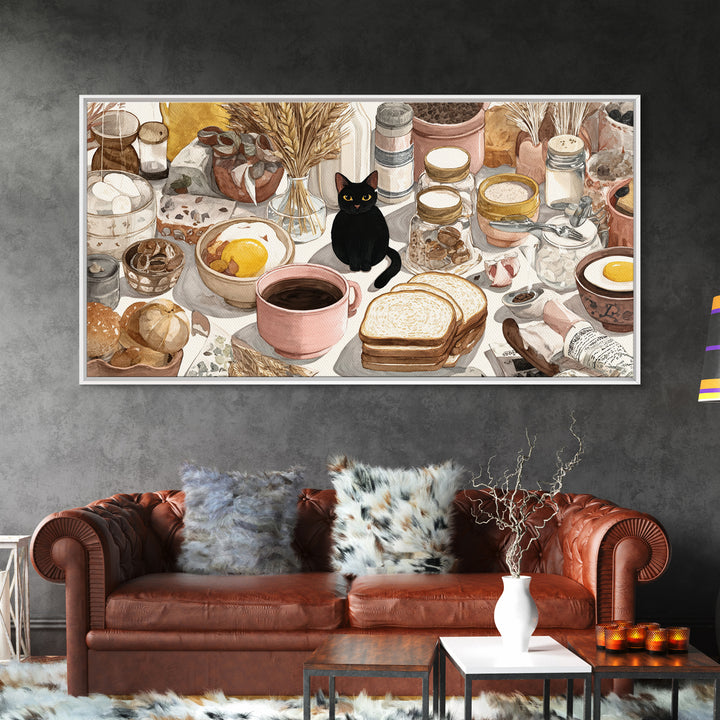Black Cat Beside a Steaming Cup Framed Canvas Print, Coffee Shop Art, Contemporary Art, Cafe Decor, Cafe, Printable Art, CSA-2x1-10