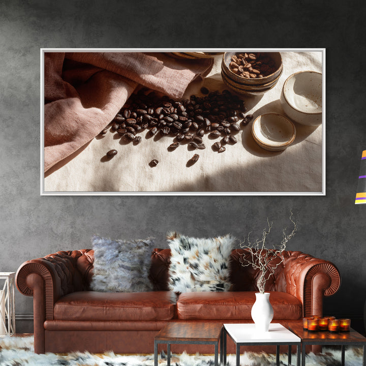 Roasted Beans Falling Through Dark Space Framed Canvas Print, Coffee Shop Art, Fine Art Print, Cafe Decor, Fine Art, Cafe, CSA-2x1-16