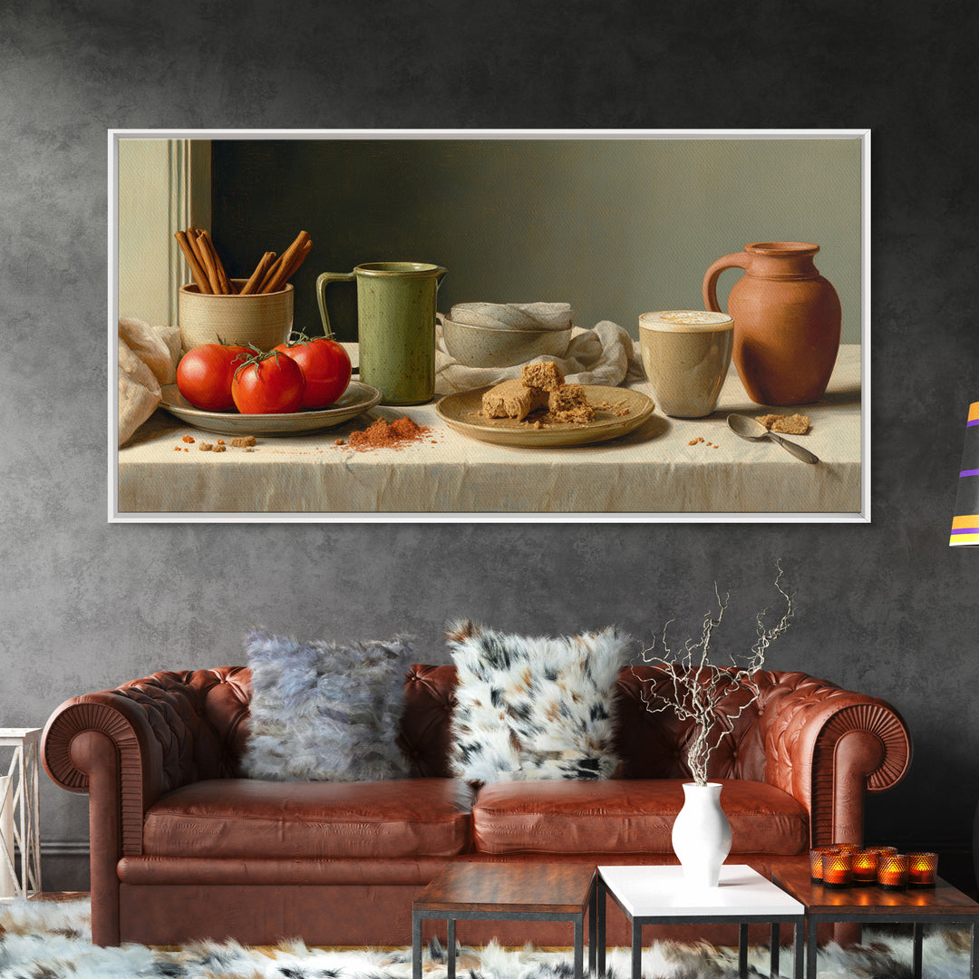 Cinnamon Sticks and Cappuccino Foam Still Life Framed Canvas Print, Coffee Shop Art, Statement Artwork, Cafe Decor, Cafe, CSA-2x1-20