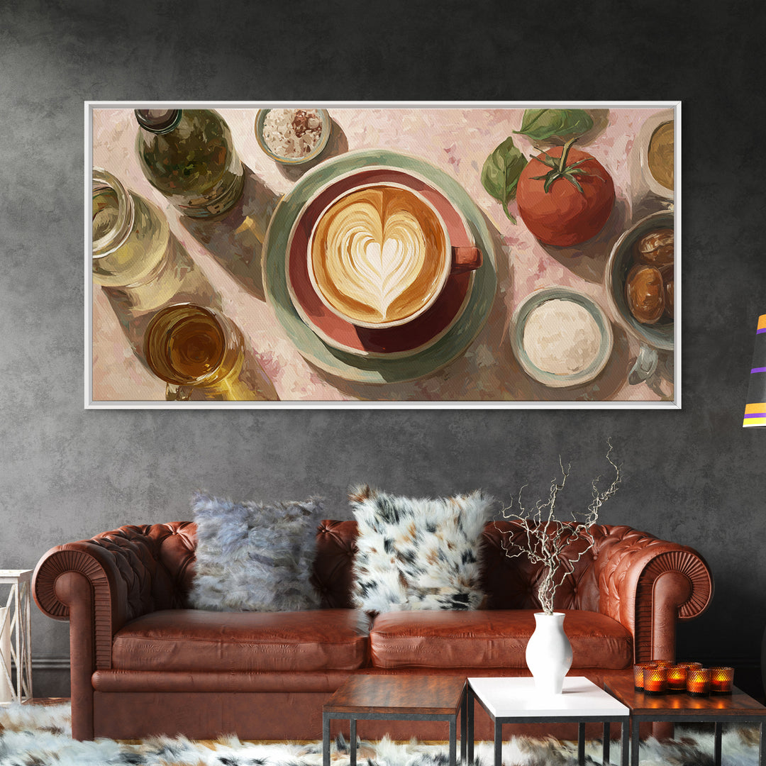 Latte Art Heart Seen from Above Framed Canvas Print, Coffee Shop Art, Minimalist Decor, Cafe Decor, Cafe, Kitchen Wall Art, CSA-2x1-24