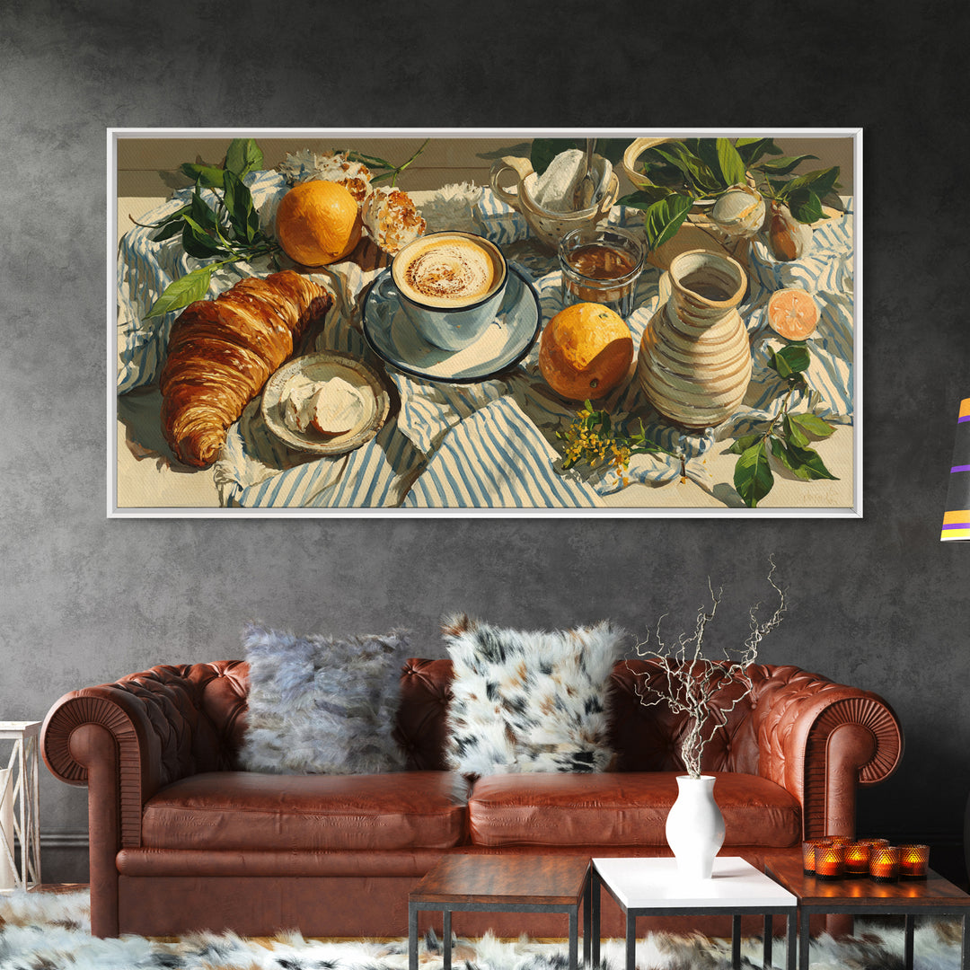 Croissant and Cappuccino on Striped Cloth Framed Canvas Print, Coffee Shop Art, Canvas Wall Art, Cafe Decor, Fine Art, Cafe, CSA-2x1-25