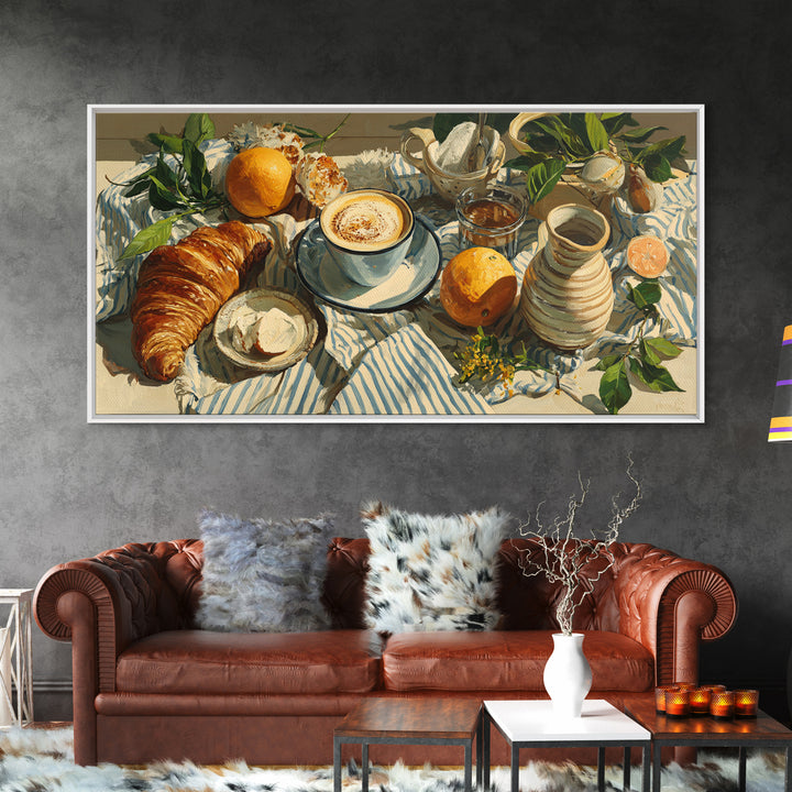 Croissant and Cappuccino on Striped Cloth Framed Canvas Print, Coffee Shop Art, Canvas Wall Art, Cafe Decor, Fine Art, Cafe, CSA-2x1-25